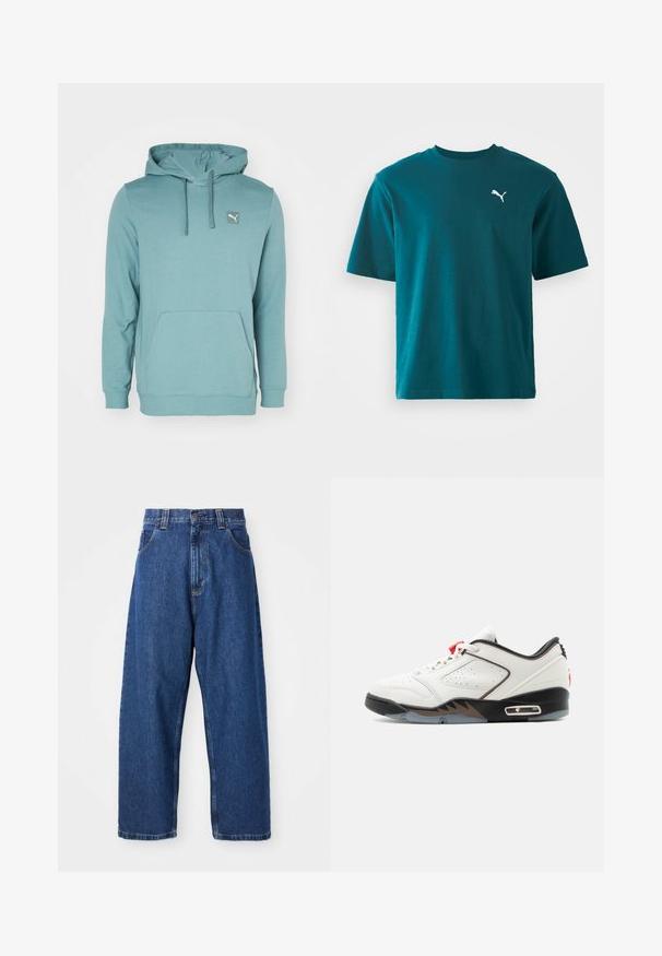 Tyrkist hættebluse lavet af blødt stof, med en kengurulomme og et lille logo-patch på øverste venstre side.; Teal bomulds t-shirt med korte ærmer, rund hals og et hvidt Puma-logo på venstre bryst; glat tekstur og regular fit.; Denimwide-leg jeans i mørkeblå. Har høj talje, bæltestropper og klassisk fem-lommers design. Syet kant med en ren finish.; Hvid, sort og rød lavtop atletisk sneaker med perforeret læder og gennemsigtig sål set fra siden på hvid baggrund.