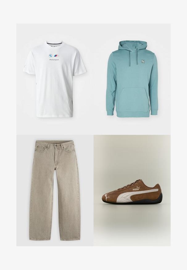 Sudadera con capucha de color azul verdoso, confeccionada en un tejido suave, con un bolsillo tipo canguro y un pequeño parche con logo en la parte superior izquierda.; Camiseta blanca de algodón con el logo de BMW, texto "Motorsport" en gris y acentos coloridos en los lados. Diseño de mangas cortas y cuello redondo.; Vaqueros beige de pierna recta con bolsillos delanteros, trabillas para cinturón, cierre de botón y costuras visibles sobre un fondo claro y liso.; Zapatilla de ante marrón con detalles en blanco y diseño texturizado. Cuenta con una suela de goma negra y un prominente logo de Puma en el lateral.