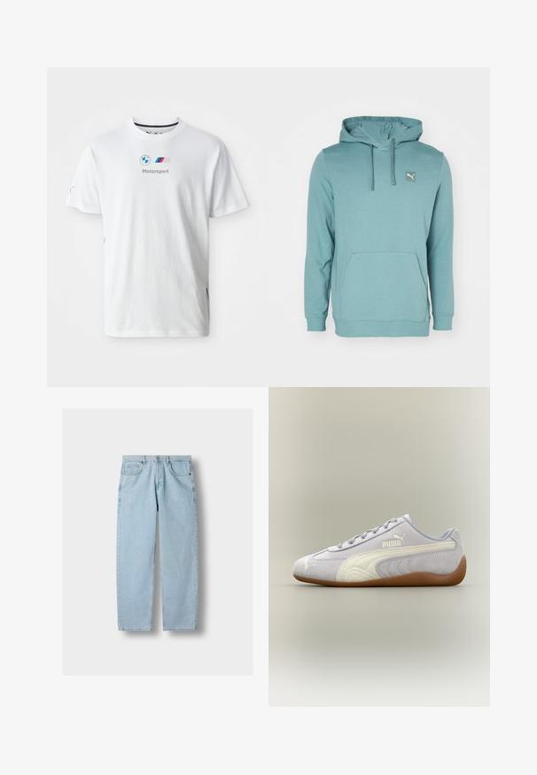 Türkise Kapuzenjacke aus weichem Stoff, mit einer Kängurutasche und einem kleinen Logo-Patch auf der oberen linken Seite.; Weißes Baumwoll-T-Shirt mit dem BMW-Logo, grauem "Motorsport"-Text und farbigen Akzenten an den Seiten. Kurze Ärmel und Rundhalsausschnitt.; Hellblaue gerade geschnittene Denim-Jeans mit Vordertaschen, Gürtelschlaufen und Knopfverschluss auf grauem Hintergrund.; Hellgrauer Puma Veloursledersneaker mit weißem Streifendetail und Gummisohle, von der Außenseite vor neutralem Hintergrund betrachtet.