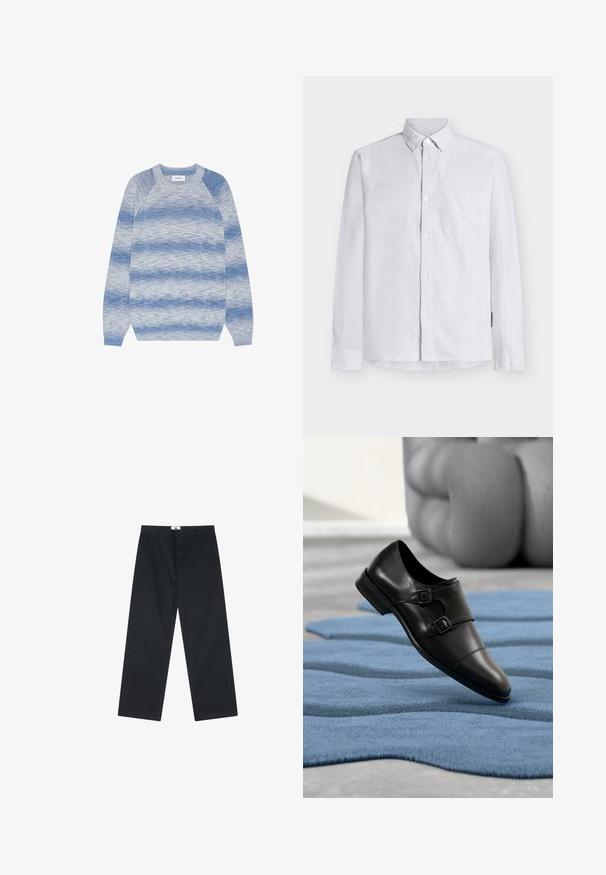 Jersey de cuello redondo y manga larga con rayas horizontales azul y gris jaspeadas, puños y bajo con canalé, colocado plano sobre un fondo blanco.; Camisa blanca abotonada con mangas largas, bolsillo en el pecho y un patrón texturizado sutil. Fabricada con tela ligera, cuenta con un cuello clásico.; Pantalones de algodón negros con un diseño de pierna recta, con cierre de botón y una cinturilla sencilla. Sin patrones ni acentos adicionales.; Zapato de cuero negro con doble hebilla, punta afilada, textura lisa, suela elevada, colocado sobre una alfombra azul texturizada.