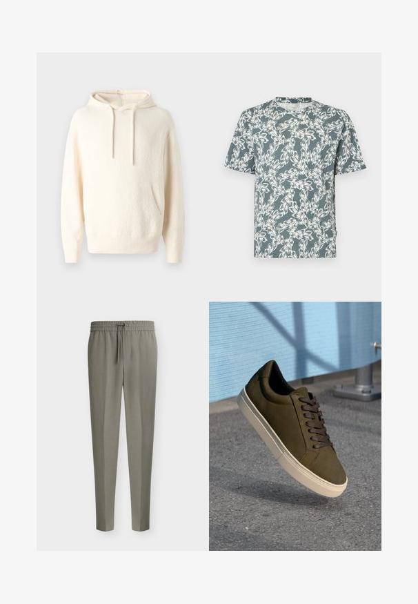 Cremefarvet hættebluse lavet af blødt stof, med en kengurulomme, ribbede manchetter og en tekstureret overflade.; Kortærmet T-shirt i teal-farve med et hvidt blomsterdesign. Fremstillet af letvægtsstof med en afslappet pasform.; Herrers lysegrå skræddersyede bukser med tilspidsede ben og en elastisk talje med snørre foran.; Mørk olivengrøn suedesneaker med brune snørebånd, cremet gummisål, rund tå og glat tekstur mod en grå asfaltbaggrund.