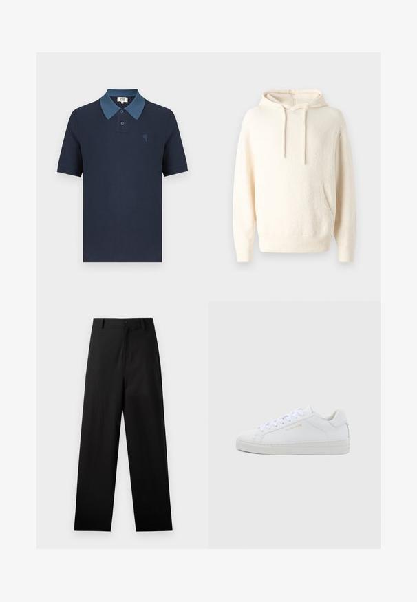 Helle Kapuzenjacke aus weichem Material, mit einer Kängurutasche, gerippten Bündchen und einer strukturierten Oberfläche.; Marineblaues Poloshirt mit kontrastierendem blauem Kragen, kurzen Ärmeln, strukturiertem Stoff und einem kleinen, auf der Brust gestickten Herzdesign.; Schwarze Baumwollhosen mit geradem Bein, ausgestattet mit einem vorderen Knopfverschluss und Seiten Taschen. Glatte Textur, keine Muster.; Weiße Leder-Sneaker mit niedrigem Schnitt, runder Zehenpartie, flachen Schnürsenkeln, strukturierter Sohle und dezentem goldfarbenem Markenlogo an der Seite. Glatte Oberfläche und minimalistisches Design.
