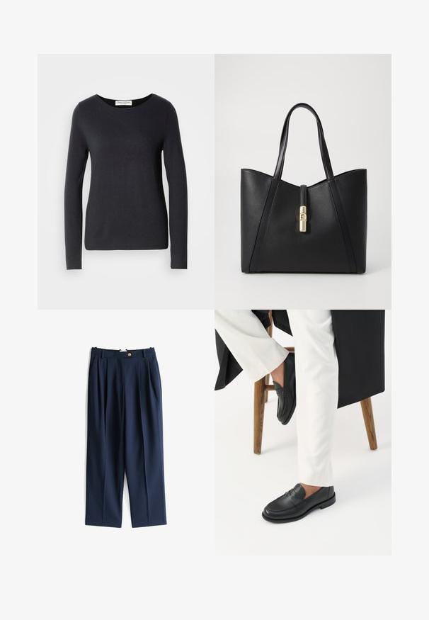Sort langærmet bluse med rund hals, lavet af et blødt materiale, med en tætsiddende pasform og minimalistisk design uden synlige mønstre.; Marine bukser lavet af letvægtsstof, med høj talje, forkert plisseringer, sidelommer og en enkelt knappelukning.; Person iført sorte læder loafers og hvide bukser, siddende på en træskammel mod en hvid baggrund.; Sort læder tote taske med et struktureret design og gul låse-detail. Har to håndtag og vinklede sider, hvilket giver en slank silhuet.