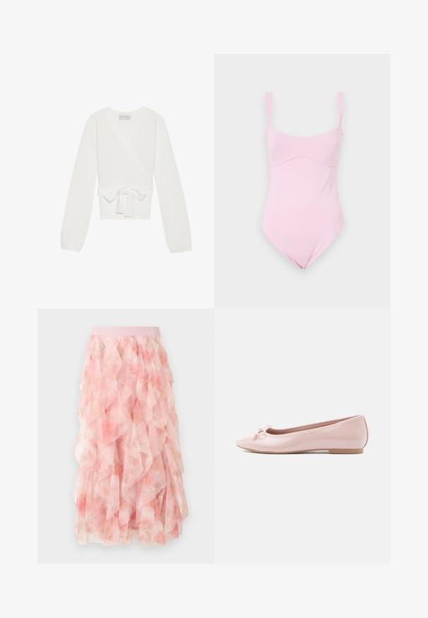 Haut wrap en tricot côtelé blanc avec des manches longues, fermeture à nouer à la taille et décolleté en V. Présente un tissu texturé pour un intérêt visuel.; Good American TANK - Débardeur - flora; Jupe midi en tulle rose à couches avec motif floral et taille élastique, présentant des textures douces et volantées.; Ballerine rose en cuir verni avec un bout pointu et un nœud décoratif à l'avant. Elle présente une semelle plate et un design sans coutures.