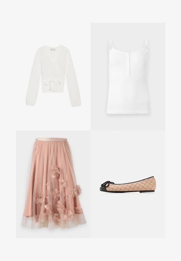 Top de punto blanco acanalado con mangas largas, cierre atado en la cintura y escote en forma de V. Presenta un tejido texturizado para mayor interés visual.; Camiseta sin mangas blanca de tejido acanalado con tirantes finos ajustables y una tapeta frontal con pequeños botones, mostrada sobre un fondo liso.; Falda de tul en rosa suave con cinturilla de satén. Cuenta con tela transparente en capas y apliques florales tridimensionales por toda la prenda.; Mocasines de ballet en cuero acolchado beige claro con punta de charol negro y detalle de lazo. Perfil esbelto con acabado mate y costuras sutiles.