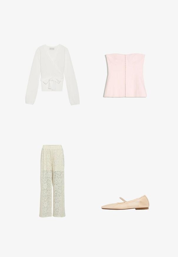 Haut wrap en tricot côtelé blanc avec des manches longues, fermeture à nouer à la taille et décolleté en V. Présente un tissu texturé pour un intérêt visuel.; Top corset rose clair sans bretelles avec bonnets structurés et coutures verticales, présenté à plat sur fond blanc.; Pantalon large couleur crème avec motif en dentelle florale et taille élastique, semi-transparent à partir du milieu de la cuisse vers le bas.; Chaussure de ballet plate beige avec un bout arrondi, une fine bride sur le cou-de-pied et un petit talon.