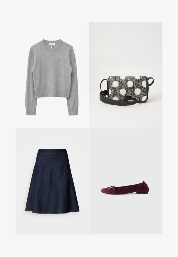 Pull gris en maille avec un col rond, des manches longues et un design court. Texture douce et accents côtelés aux poignets et à l'ourlet.; Jupe en denim foncé en forme de A avec une taille mi-haute, deux poches latérales et des coutures contrastantes le long des bords. Texture lisse.; Ballerines en suede bordeaux avec un petit talon, présentant un petit accent métallique au niveau des orteils et des détails cousus le long de la couture supérieure.; Sac bandoulière rectangulaire en tissu noir et blanc, présentant un motif texturé noir avec de grands pois blancs, des accents en cuir noir et une bandoulière ajustable.