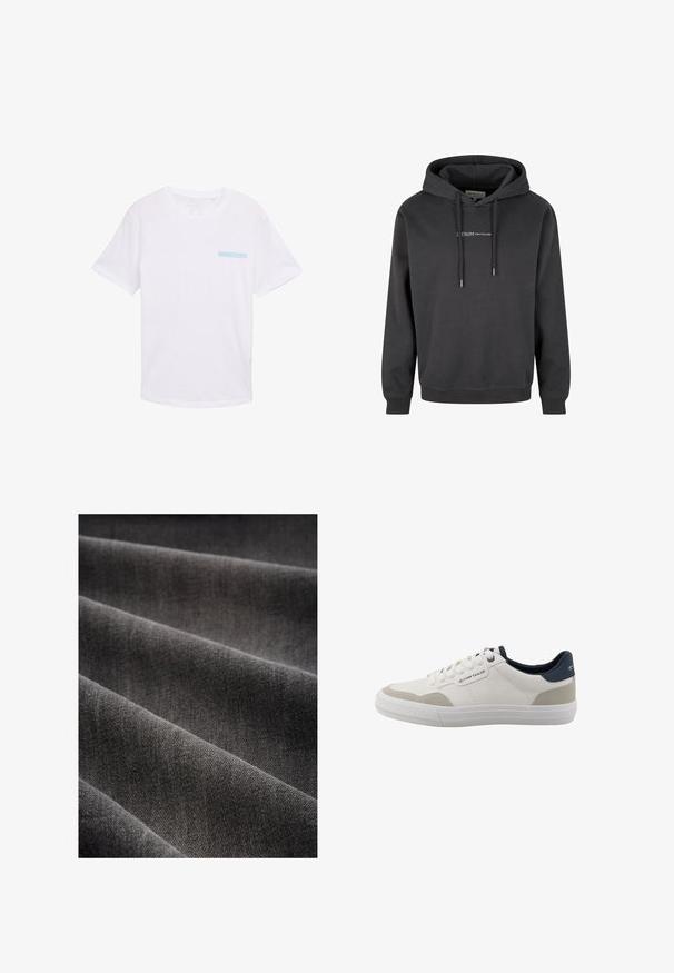 Hoodie noir en mélange de coton doux, doté d'une poche kangourou, d'une capuche avec cordon de serrage et d'un petit logo blanc au centre de la poitrine.; T-shirt en coton blanc avec des manches courtes, un col rond et un imprimé rectangulaire bleu clair sur la zone gauche de la poitrine. Texture lisse.; Tissu gris foncé avec une texture douce, présenté en plis. Le tissage est serré, mettant en valeur une surface lisse et uniforme.; Baskets blanches basses avec accents beiges, col de talon bleu marine, lacets blancs et semelle en caoutchouc, avec le logo Tom Tailor sur le côté et à l'arrière.