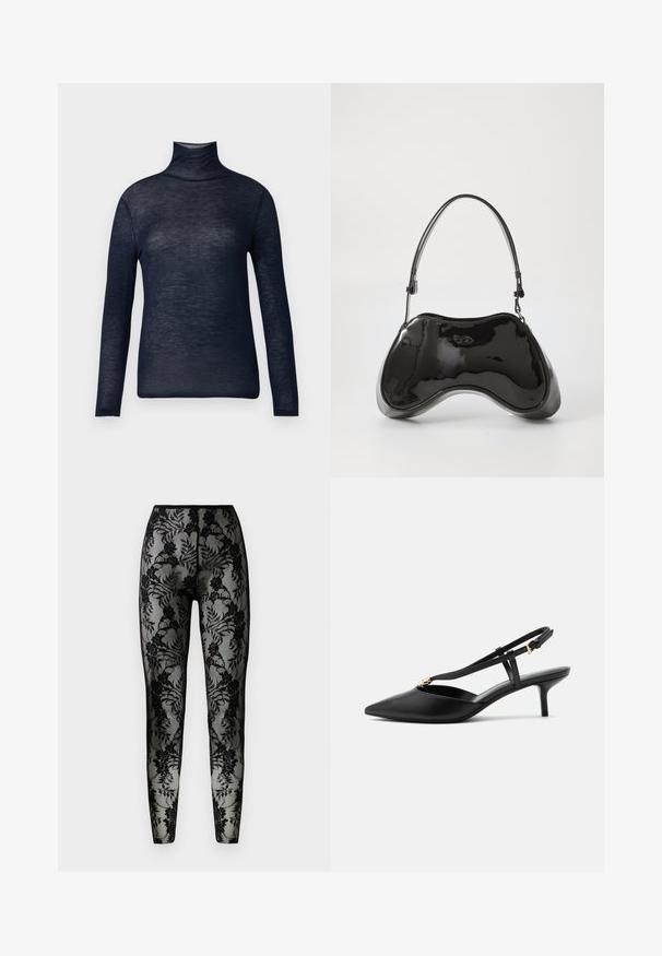 Marineblauer Rollkragenpullover aus leichtem Stoff, mit langen Ärmeln und figurbetonter Silhouette. Glatte Textur mit minimalen Details.; Schwarze Spitzenleggings mit floralem Muster, transparenter Stoff und enger Passform, mit einem glatten Bund und geschlossenen Säumen.; Schwarzer Leder-Slingback-Kitten-Heel mit spitz zulaufender Spitze, schlankem T-Riemen, verstellbarer Schnalle und kleiner goldener Verzierung am Riemen.; Schwarze Handtasche aus lackiertem Leder mit einer einzigartigen, geschwungenen Form, kurzem verstellbarem Griff und einem Reißverschluss oben. Glatte Textur mit dezentem Branding.