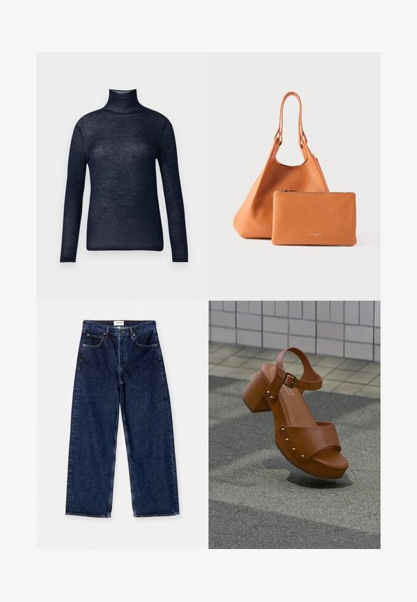 Marineblå rullekravebluse lavet af letvægtsstof, med lange ærmer og en tætsiddende silhuet. Glat tekstur med minimal detaljering.; Mørkeblå denim brede bukser med høj talje, forlommer og en glat tekstur med subtile stikningsdetaljer.; Brun læderplatformsandal med ankelrem og gyldne nitter svæver over belagt underlag og flisevæg som baggrund.; Orange lædertaske med tekstureret finish og dobbelthåndtag, ledsaget af en matchende lynlåspung. Begge dele er glatte og minimalistiske.