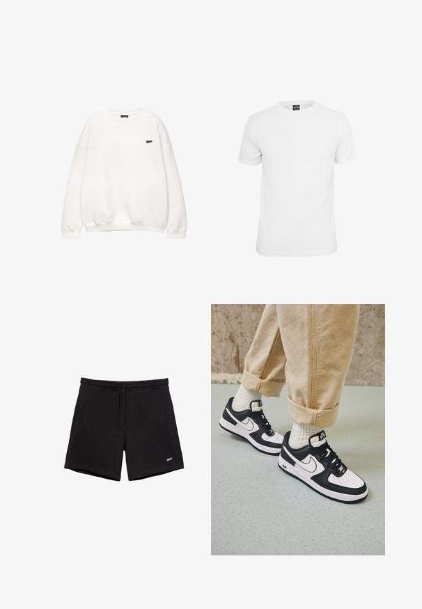 Sweat-shirt blanc à col rond, manches longues et petit logo noir brodé sur la poitrine gauche.; T-shirt blanche à manches courtes, en coton, avec un col rond et une texture lisse, conçue pour un usage décontracté.; Shorts noirs décontractés avec une ceinture élastique, un cordon de serrage, deux poches latérales et un petit logo blanc brodé sur la jambe gauche.; Baskets Nike Air Force 1 en noir et blanc avec un dessus en cuir, orteil perforé et détail de semelle texturée, portées avec un pantalon beige retroussé et des chaussettes blanches.