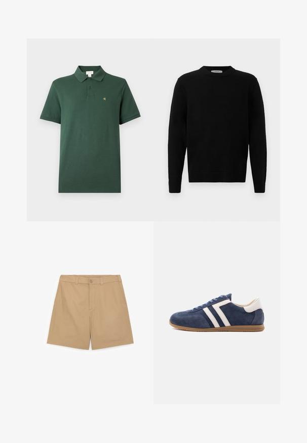 Zwarte gebreide sweater met ronde hals, lange mouwen en geribde manchetten. Zachte textuur met een schone, minimale uitstraling, geschikt voor casual draag.; Donkergroen polo shirt met korte mouwen, twee knopen en een klein geel "cK"-logo op de linkerborst, op een effen achtergrond.; Beige, op maat gemaakte heren shorts met riemlussen, knoopsluiting aan de voorkant en zijzakken, plat liggend op een witte achtergrond.; Blauwe suède sneaker met witte leren strepen, beige hiel, gumzool en blauwe veters, zijaanzicht op witte achtergrond.