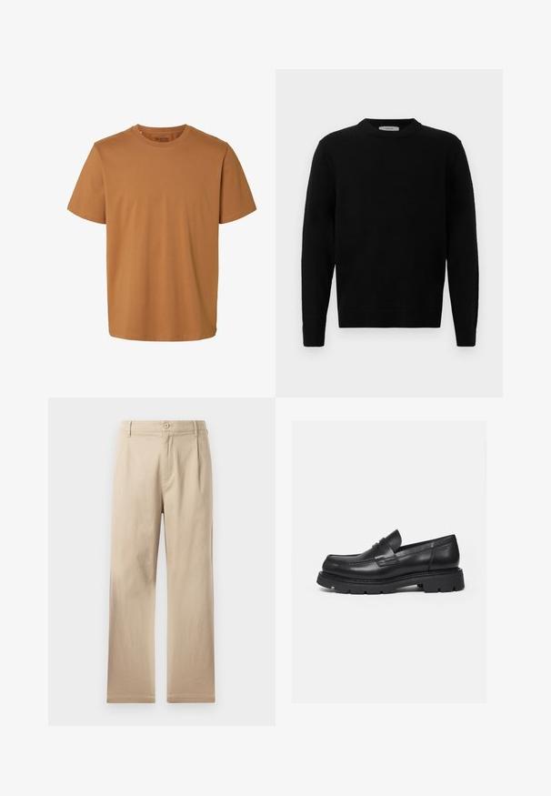 Sort strik sweater med rund hals, lange ærmer og ribbede manchetter. Blød tekstur med et rent, minimalistisk design, velegnet til afslappet brug.; Enkelt brun kortærmet bomulds-T-shirt med rund hals og almindelig pasform, mærket "Selected Homme" inde i kraven.; Beige lige ben bukser lavet af blødt bomuldsstof, med knaplukning, plisseringer foran og rene, enkle kanter.; Sort læderloafer med tyk rillede sål og penny-remdetalje, vist i højre sideprofil på hvid baggrund.