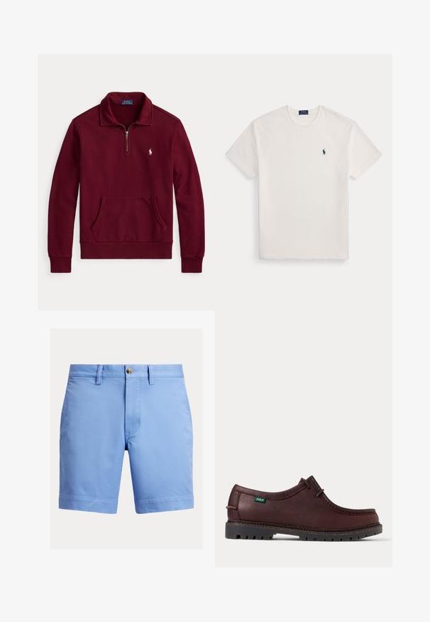 Sudadera burdeos con cremallera de cuarto de cierre, cuello, bolsillo delantero y pequeño logo bordado en blanco de Polo Ralph Lauren en el pecho izquierdo.; Camiseta blanca de manga corta con cuello redondo y pequeño logo de jugador de polo azul marino en el pecho izquierdo.; Pantalones cortos para hombre de color azul claro con presillas para el cinturón, cierre de botón y bolsillos laterales, mostrados sobre un fondo blanco liso.; Zapato estilo mocasín de cuero marrón oscuro con suela negra resistente y etiqueta con el logo verde de Polo en el lateral, mostrado en vista lateral.