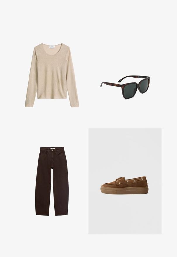 Beige linnen overhemd met lange mouwen, ronde halslijn, eenvoudig ontwerp en rechte zoom.; Bruine denim jeans met een relaxte pasvorm, voorzien van vijf zakken, riemlussen en een klassieke ritssluiting. Soepele structuur en recht pijpontwerp.; Bruine suède bootschoenen met ronde veters, zilveren oogjes en een rubberen zool met een gestructureerd oppervlak. Laag profiel ontwerp.; Vierkante zonnebril met schildpadprint en donker getinte glazen, schuin naar rechts gericht op een witte achtergrond.