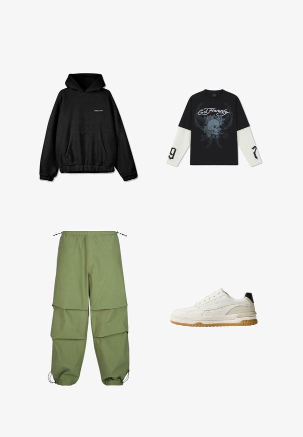 Sort fleece hættejakke med en tekstureret overflade, en front kangaroo lomme, elastiske manchetter og et lille hvidt "PEGADOR" logo på brystet.; Sort skjorte med lange ærmer og hvide indvendige ærmer, der viser et gråt kranie omgivet af roser og teksten "Ed Hardy" foran, med tal på ærmerne.; Letvægts, olivengrøn cargo-bukser med elastisk talje, lagdelt design og snorelukning ved æblekanten. Lavet af glat, holdbart stof.; Hvid sneakers med en glat overdel i læder, gummisål og en kontrastfuld sort detalje ved hælen. Har ton-i-ton syninger og perforeringer.