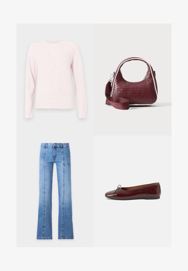 Lyserød sweater lavet af blødt stof, med rund halsudskæring, lange raglanærmer og ribbede manchetter og kant.; Lyseblå denimjeans med højt talje, frontknap, lynlås, sømdetaljer og let udvidede ben på en ensfarvet baggrund.; Bordeaux patentlæder balletflad med rund tå, lille sløjfeaccent foran og en lav, sort gummisål. Glat tekstur.; Mørkerød vævet lædertaske med buet hank, hvid kant, sølv lynlås og aftagelig bred stofskulderrem mod en ensfarvet baggrund.