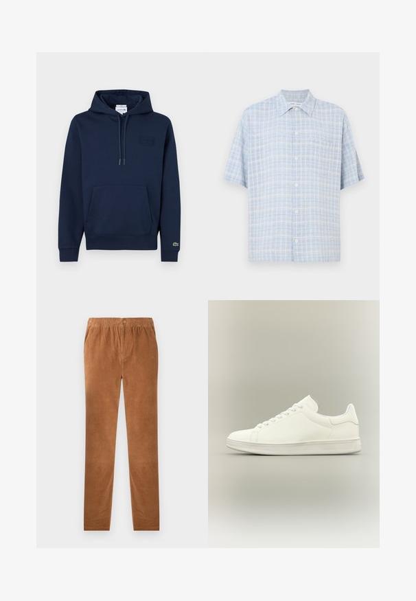Sweat à capuche bleu marine avec poche avant, capuche à cordon de serrage, petite écusson logo sur la poitrine et logo crocodile sur le poignet de la manche gauche.; Chemise à manches courtes à carreaux bleu clair et blanc avec une poche avant et un col classique.; Pantalons en velours côtelé marron avec une taille élastique, dotés d'une fermeture à bouton. Design à jambe droite et tissu doux et texturé.; Baskets basses blanches minimalistes avec lacets, tige en cuir lisse et semelle en caoutchouc texturée, présentées sur un fond neutre.