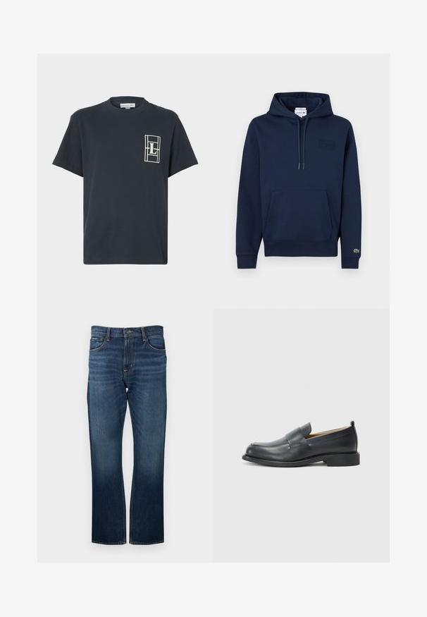 Sweat à capuche bleu marine avec poche avant, capuche à cordon de serrage, petite écusson logo sur la poitrine et logo crocodile sur le poignet de la manche gauche.; T-shirt bleu marine à manches courtes et col rond avec un logo rectangulaire blanc comprenant la lettre "L" sur le côté gauche de la poitrine.; Jean en denim bleu foncé avec une coupe droite, présentant des coutures visibles et une ceinture standard avec une fermeture à bouton en métal.; Mocassins en cuir noir avec une finition lisse, une semelle plate et un bout arrondi, ornés d'une sangle décorative sur le dessus.