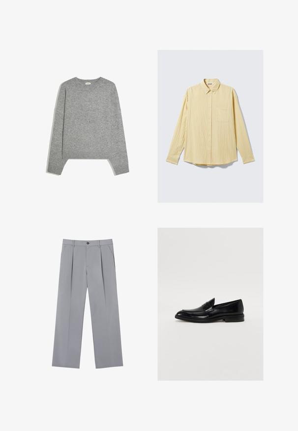 Pull en maille gris clair uni à manches longues, avec poignets, ourlet et col rond en côtes, posé à plat sur un fond blanc.; Chemise jaune à manches longues boutonnée en tissu texturé, avec une poche poitrine, un col pointu et un ourlet arrondi. Étiquette de la marque visible.; Pantalons plissés gris à coupe décontractée, en tissu léger. Comprend des poches avant et une fermeture à bouton à la taille.; Mocassin en cuir noir avec une pointe arrondie, des coutures discrètes et une finition lisse. Doté d'un talon bas empilé et d'une sangle sur le cou-de-pied.
