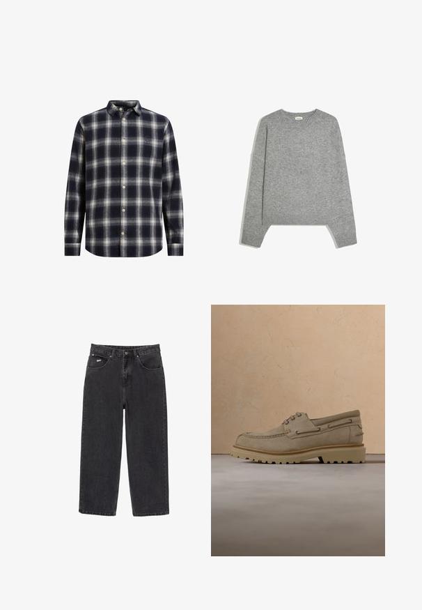 Enkelt lysegråt langærmet striktrøje med ribstrikkede manchetter, kant og rund hals, lagt fladt på en hvid baggrund.; Marineblå og cremeplaid flannel skjorte med knapkrave, lange ærmer og beige knapper; har en blød tekstur og en struktureret form.; Sorte straight-leg denim jeans med fem lommer og knaplukning, der har et lille hvidt logo på den forreste højre lomme.; Beige ruskind casual snørestøvle med tyk, rillet sål, vist i luften over matchende beige struktureret overflade og baggrund.