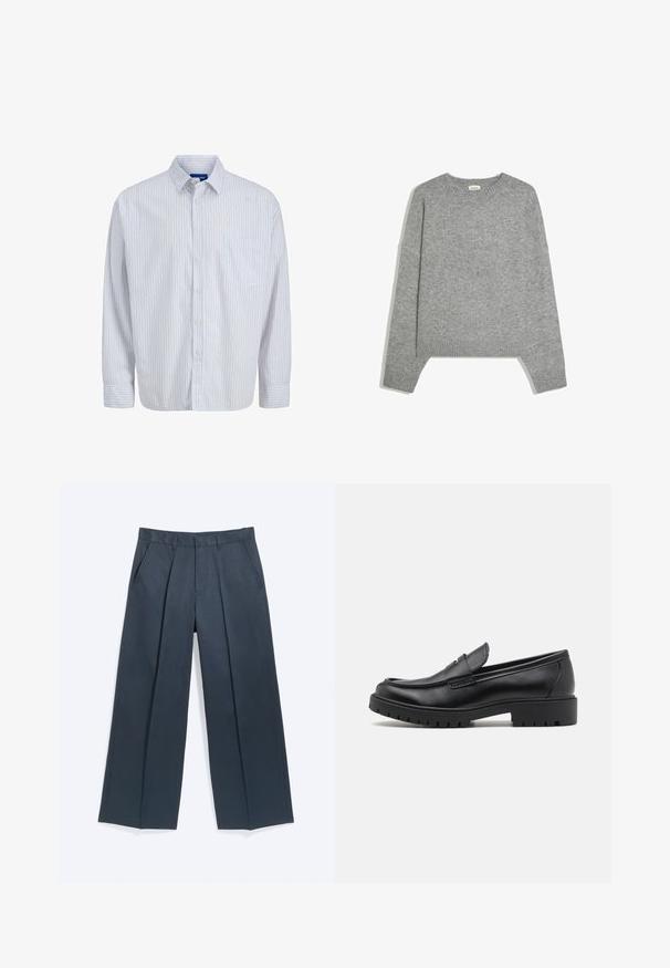 Pull en maille gris clair uni à manches longues, avec poignets, ourlet et col rond en côtes, posé à plat sur un fond blanc.; Chemise blanche à manches longues, à boutons, avec de fines rayures verticales rouges, une poche poitrine, un col et des poignets boutons.; Pantalon large gris foncé avec plis devant, poches latérales, passants de ceinture et fermeture avant cachée, présenté sur fond blanc.; Mocassins en cuir noir avec un bout arrondi, un design à enfiler et une semelle en caoutchouc épaisse avec une texture antidérapante. Talon surélevé et détails de surpiqûre subtils.