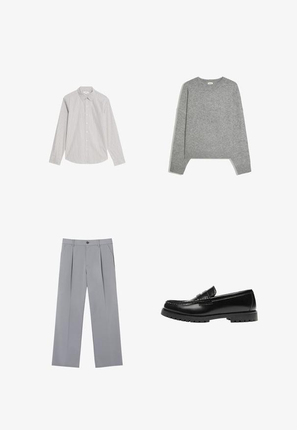 Enkelt lysegråt langærmet striktrøje med ribstrikkede manchetter, kant og rund hals, lagt fladt på en hvid baggrund.; Marks & Spencer STRIPED OXFORD - Skjorter - natural mix; Grå plisserede bukser med en afslappet pasform, lavet af et letvægtsstof. Har forlommer og en knaplukning i taljen.; Sort læderloafer med en kraftig gummisål og klassiske penny-strap detaljer, vist fra ydersiden.