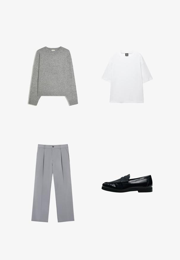 Pull en maille gris clair uni à manches longues, avec poignets, ourlet et col rond en côtes, posé à plat sur un fond blanc.; T-shirt blanc uni à manches courtes avec un col rond et une étiquette noire à l'intérieur du col arrière.; Pantalons plissés gris à coupe décontractée, en tissu léger. Comprend des poches avant et une fermeture à bouton à la taille.; Mocassin penny loafer pour homme en cuir noir avec bout moc cousu et petit talon, présenté de profil sur fond blanc.