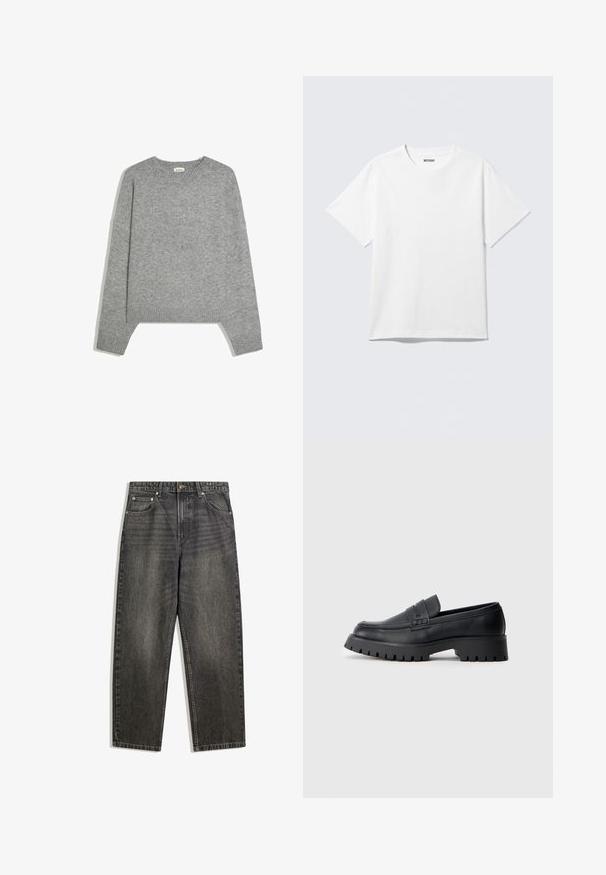 Effen lichtgrijze gebreide trui met lange mouwen, geribde manchetten, zoom en ronde hals, plat gelegd op een witte achtergrond.; Witte T-shirt met korte mouwen en ronde hals, plat gelegd, effen ontwerp, met een "WEEKDAY" label in de kraag op een lichte achtergrond.; Zwarte denim jeans met een relaxte pasvorm, voorzien van vijf zakken, een knoopsluiting en subtiele vervaging in de stoftextuur.; Zwarte leren instappers met een ronde neus, voorzien van een decoratieve riem en een stevige rubberen zool met diepe groeven voor grip.