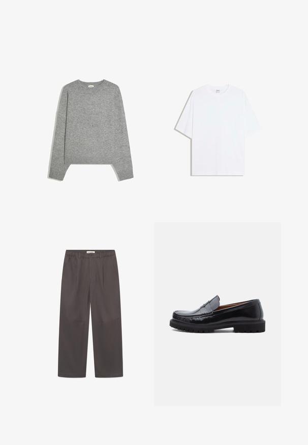 Effen lichtgrijze gebreide trui met lange mouwen, geribde manchetten, zoom en ronde hals, plat gelegd op een witte achtergrond.; Wit oversized katoenen T-shirt met een ronde hals en korte mouwen; gladde textuur, zonder zichtbare patronen of accenten.; Grijze, wijde broek van soepel stof, met een knoopsluiting en twee zijzakken. Eenvoudig, strak ontwerp zonder zichtbare patronen.; Zwarte leren penny loafer met chunky rubberen zool en moc-toe stiksel, in profiel weergegeven op een witte achtergrond.
