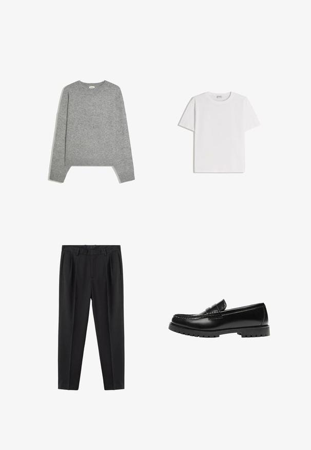 Pull en maille gris clair uni à manches longues, avec poignets, ourlet et col rond en côtes, posé à plat sur un fond blanc.; T-shirt en coton blanc avec un col rond et des manches courtes. Présente une coupe classique et carrée, sans motifs ni accents visibles.; Pantalon noir sur mesure avec passants pour ceinture, plis à l'avant, poches latérales et coupe slim effilée.; Mocassin en cuir noir avec une semelle en caoutchouc épaisse et un détail classique de bride à monnaie, vu de côté extérieur.