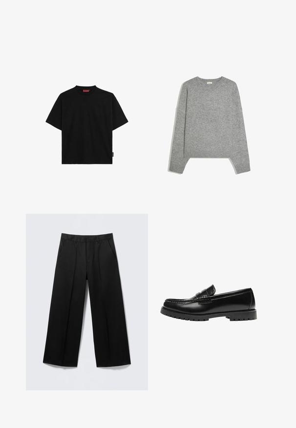 Pull en maille gris clair uni à manches longues, avec poignets, ourlet et col rond en côtes, posé à plat sur un fond blanc.; T-shirt noir à manches courtes en coton, avec un col rond et une petite étiquette sur le côté. Texture lisse et coupe droite.; Pantalon large noir avec passants pour ceinture, poches avant et fermeture éclair, présenté sur un fond gris clair.; Mocassin en cuir noir avec une semelle en caoutchouc épaisse et un détail classique de bride à monnaie, vu de côté extérieur.