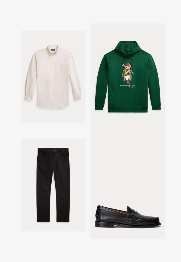 Mørkegrøn hættetrøje med grafik af en bjørn i poloudstyr, der holder en mallet, mærket ""Polo Bear by Ralph Lauren"" med underskrift nedenunder.; Langærmet, knappet skjorte i cremefarvet bomuldsstof. Har en spredt krave og en lille broderet logo på brystet. Klassisk pasform.; Sorte denim jeans med lige ben, fem-lomme design og subtil tekstur. Metalknap og lynlås lukning.; Sort læderloafer med lav hæl og pennyremdetalje, vist fra siden på en lysegrå baggrund.