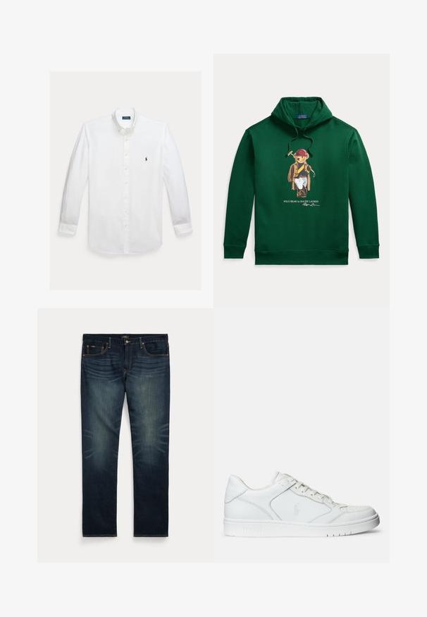Mørkegrøn hættetrøje med grafik af en bjørn i poloudstyr, der holder en mallet, mærket ""Polo Bear by Ralph Lauren"" med underskrift nedenunder.; Hvid skjorte med lange ærmer, knapper foran, krave og lille mørkeblå Polo Ralph Lauren logo broderet på brystet.; Mørkeblå denimjeans med subtil falming på forreste lår og orange syninger, med knap- og lynlåslukning samt fem lommer.; Hvide lædersneakers med en glat tekstur, der har en perforeret tå, snørebåndslukning og broderet logo på siden. Hvid gummisål.