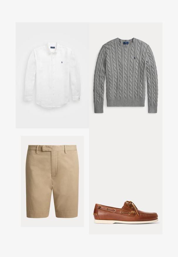 Grijze kabelbrei trui met lange mouwen, ronde hals en klein donker geborduurd logo op de linkerborst.; Witte lange mouwen shirt van katoen met een button-down kraag, voorzien van een klein marineblauw logo op de linkerborst en klassieke knoopsluiting.; Beige knielange, op maat gemaakte shorts met riemlussen en een sluiting aan de voorkant, afgebeeld tegen een effen witte achtergrond.; Bruine leren bootschoen met witte zool, veter gestrikt bovenaan en metalen veterogen langs de zijkanten en voorste stiksels.