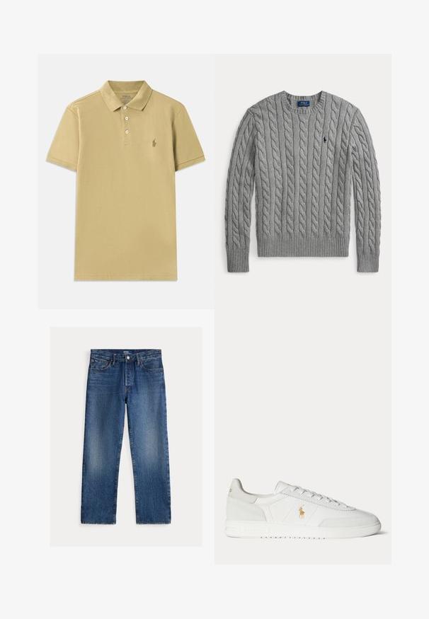 Sivý dlhý rukáv sveter so vzorom vrkoča, s okrúhlym výstrihom a malým tmavým vyšívaným logom na ľavej strane hrudníka.; Khaki polo tričko vyrobené z bavlny, so klasickým golierom, krátkymi rukávmi, zapínaním na tri gombíky a vyšívaným logom na hrudi.; Modré rifle so zaprášenými detailmi, rovné nohavice, päť vreciek, pútkami na opasok, zapínanie na gombík a zips, vnútri štítok Polo Ralph Lauren.; Biela nízka teniska so šnurovaním, zlaté logo Polo Ralph Lauren na boku a textúrovaná podrážka na jednofarebnom pozadí.