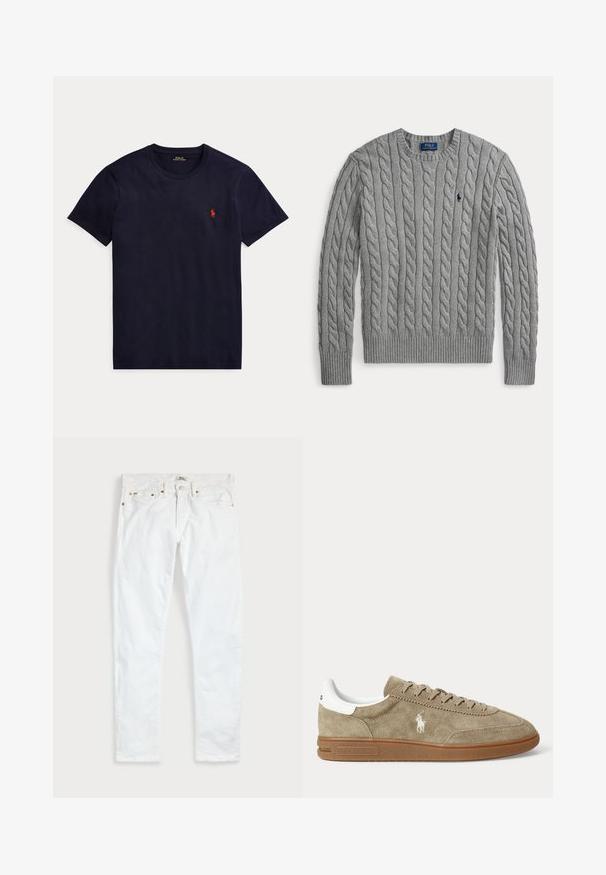 Grå kabelstrikket langærmet sweater med rund hals og lille mørkt broderet logo på venstre bryst.; Marineblå t-shirt med korte ærmer og rund hals med lille rødt Polo Ralph Lauren-logo på venstre bryst.; Hvide slim fit jeans med fem lommer, knaplukning og bæltestropper, fladt lagt på en ensfarvet lys baggrund.; Beige lavskoet ruskindesneaker med brun sål, hvid hældetalje, snørebånd og en hvid broderet polospillerlogo på siden.