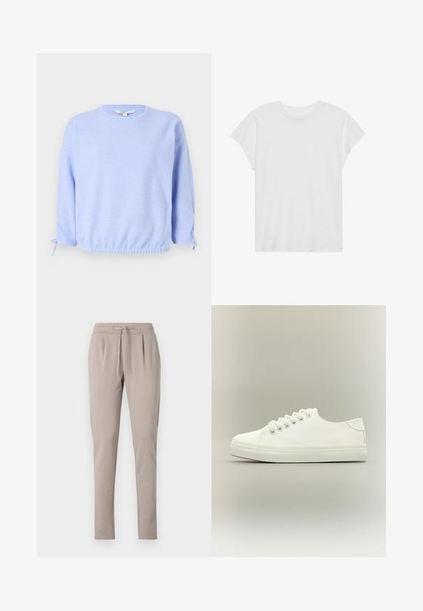 Lyseblå pullover sweatshirt med rund hals, elastisk kant og snoretræk ved ærmerne. Blød tekstur, afslappet pasform.; Hvid kortærmet t-shirt med rund hals, afslappet pasform, lavet af blødt bomuldsstof. Glat tekstur, ingen mønstre eller logoer.; Beige sweatpants med snøre i taljen, tætsiddende ben og plisseret frontdetalje. Fremstillet af blødt, let materiale.; Hvid lavtop sneaker med hvide snørebånd og gummisål vist fra siden på en neutral baggrund.