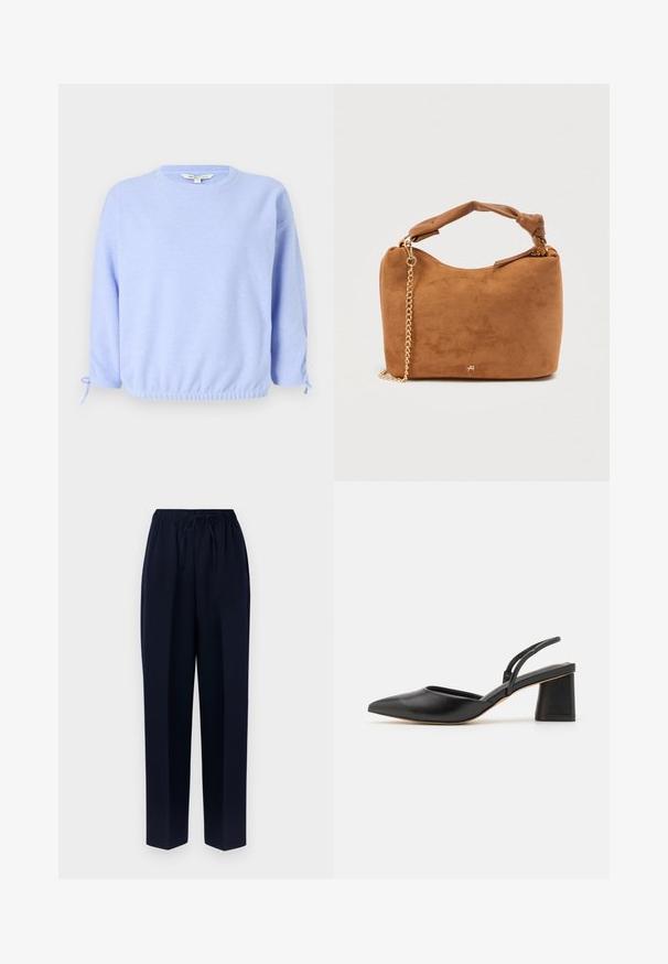 Lichtblauwe pullover sweatshirt met een ronde hals, elastische zoom en trekkoordaccenten op de mouwen. Zachte textuur, casual pasvorm.; Marineblauwe wijde broek met een elastische tailleband en een verstelbaar trekkoord. Gemaakt van glad stof met een recht silhouet en zonder zakken.; Zwarte leren slingback schoen met een spits toelopende neus, lage blokhak en minimalistisch ontwerp met dunne bandjes en gladde textuur.; Bruine suède handtas met een geknoopt hengsel en gouden kettingaccent. Soepele textuur en afgeronde vorm, met een minimalistisch logo.