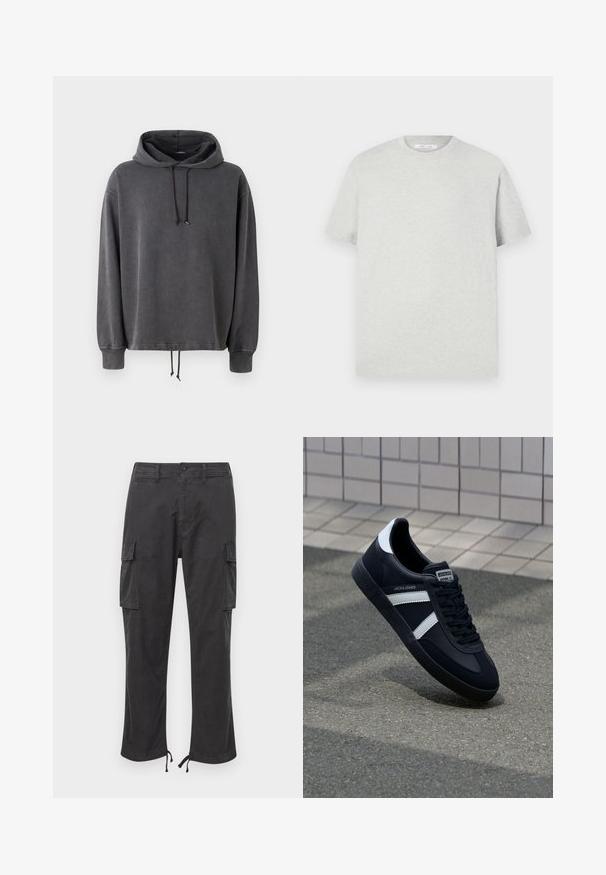 Hoodie gris en tissu doux, avec une capuche à cordon de serrage, des manches longues et un ourlet ajustable avec cordon. Texture lisse et coupe décontractée.; T-shirt à manches courtes gris clair en matière douce, avec un col rond et une coupe décontractée, sans motifs ni accents visibles.; Pantalons cargo noirs avec deux poches latérales, des poignets ajustables avec cordon de serrage, une fermeture à bouton et une texture de tissu lisse et durable.; Sneaker en cuir noir avec des rayures blanches, semelle en caoutchouc texturée et devant à lacets. Présente une étiquette de marque sur la languette.