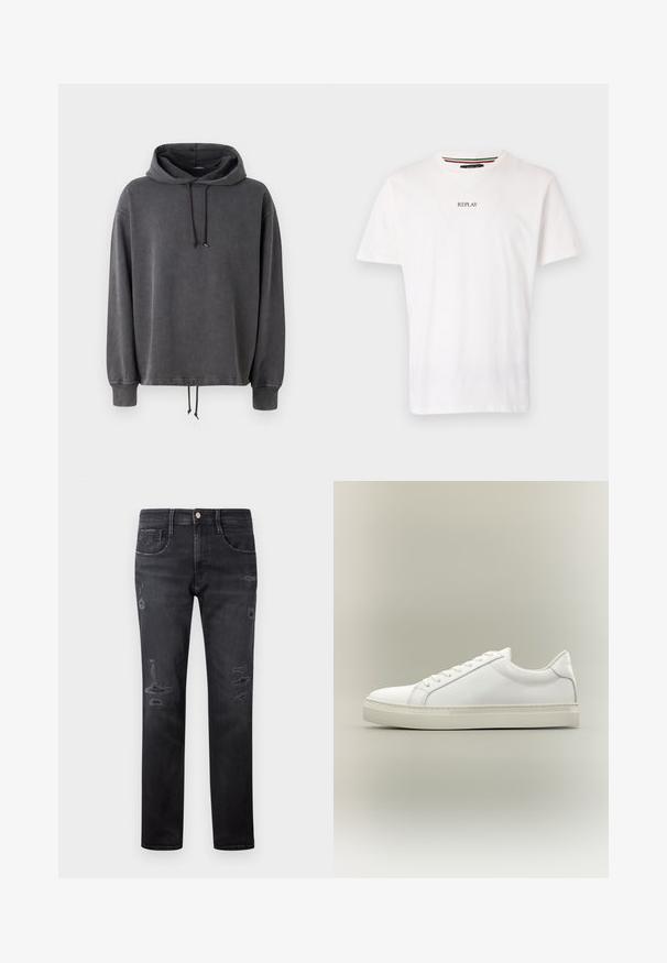 Hoodie gris en tissu doux, avec une capuche à cordon de serrage, des manches longues et un ourlet ajustable avec cordon. Texture lisse et coupe décontractée.; T-shirt en coton blanc avec un design en V, manches courtes et un petit logo "REPLAY" imprimé sur la poitrine. Texture lisse, coupe décontractée.; Jeans en denim noir à coupe droite, avec des patchs déchirés, cinq poches, un petit bouton en métal et des passants de ceinture à la taille.; Baskets blanches basses à lacets sur l’avant et semelle épaisse, vues de côté sur un fond neutre.