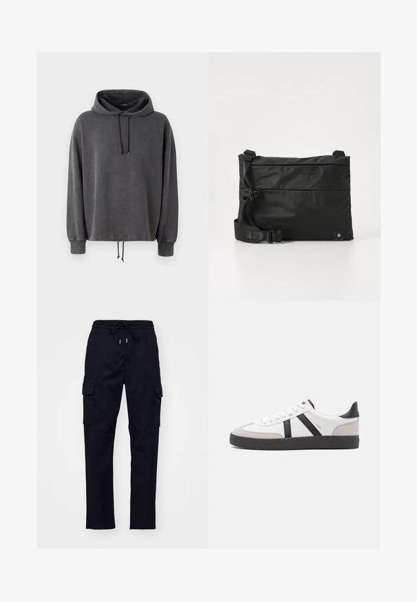 Hoodie gris en tissu doux, avec une capuche à cordon de serrage, des manches longues et un ourlet ajustable avec cordon. Texture lisse et coupe décontractée.; Pantalons cargo noirs avec taille élastique, cordon de serrage et deux poches latérales. Tissu lisse avec une coupe fuselée.; Baskets blanches avec des accents noirs et gris, présentant un embout texturé gris, une semelle en caoutchouc noir et des lacets plats blancs. Design épuré, style minimaliste.; Sac messager en nylon noir avec une sangle réglable, un design plat et une étiquette latérale arborant un logo. Texture lisse et style minimaliste.