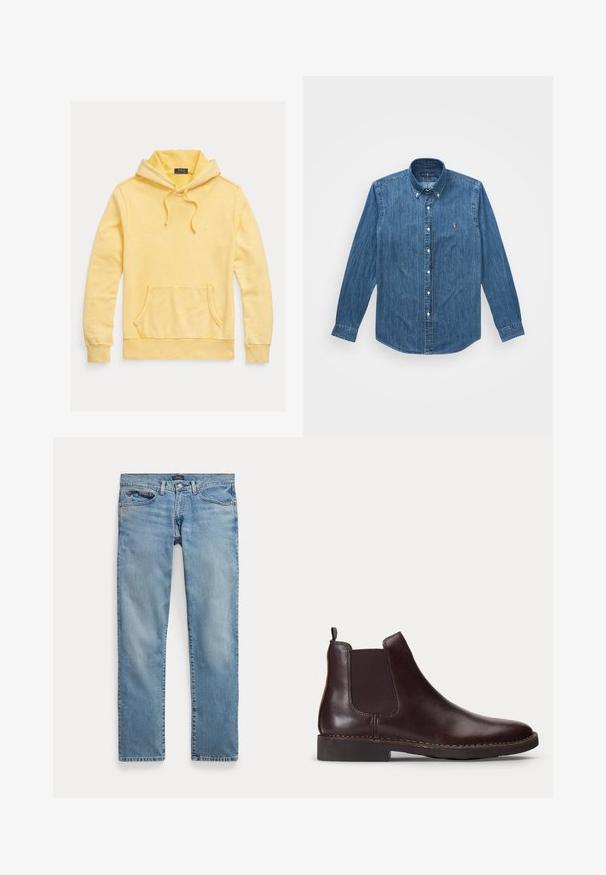 Keltainen puuvillainen huppari, jossa on etutasku, säädettävä kiristysnauhallinen huppu ja rintakehällä oleva logopistokirjailu, pehmeällä ja teksturoidulla pinnalla.; Denim-paita, jossa on pitkät hihat, nappikaulus ja hienovarainen pystyraitakuositus, keskitummansinisessä värissä logoteemalla.; Vaaleansiniset suorat farkut, joissa on etutaskut ja nappikiinnitys, aseteltuna tasaisesti valkoiselle taustalle.; Tummanruskea nahkainen Chelsea-nilkkuri joustavalla sivupaneelilla ja matalalla korolla, esitetty profiilissa valkoisella taustalla.