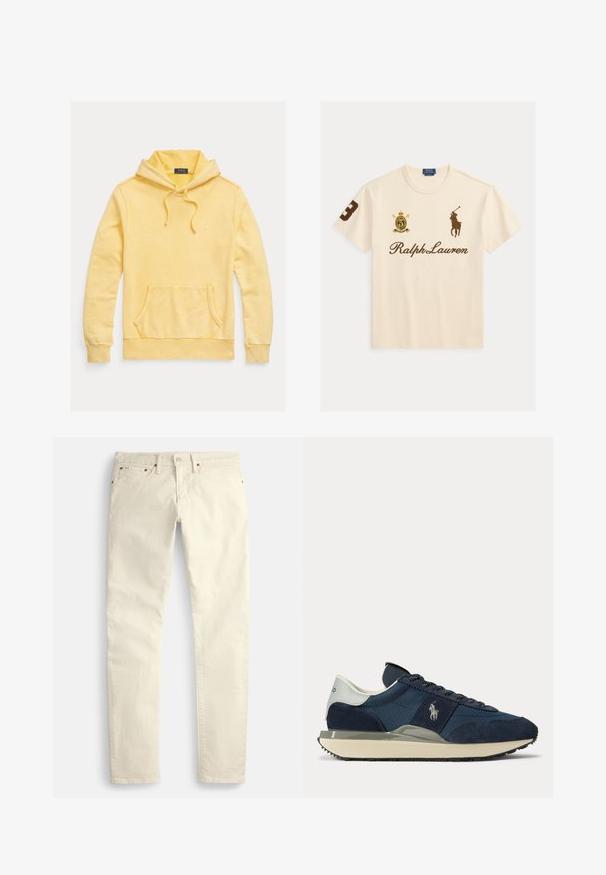 Gelber Baumwoll-Hoodie mit Fronttasche, verstellbarer Kordelzug-Kapuze und Logo-Stickerei auf der Brust, mit weichem, strukturiertem Finish.; Cremefarbenes Ralph Lauren T-Shirt mit braunem Polo-Spieler-Logo, Nummer 3 am rechten Ärmel und Wappenemblem auf der linken Brust.; Hellbeige Hosen mit geradem Bein aus strukturiertem Stoff. Verfügen über fünf Taschen und braune, metallische Beschläge. Keine sichtbaren Muster oder Akzente.; Marineblauer und weißer Sneaker mit Velours- und Stoffeinsätzen, weißem Logo an der Seite, weißem Fersenlaschen und beiger Sohle mit schwarzer Laufsohle.