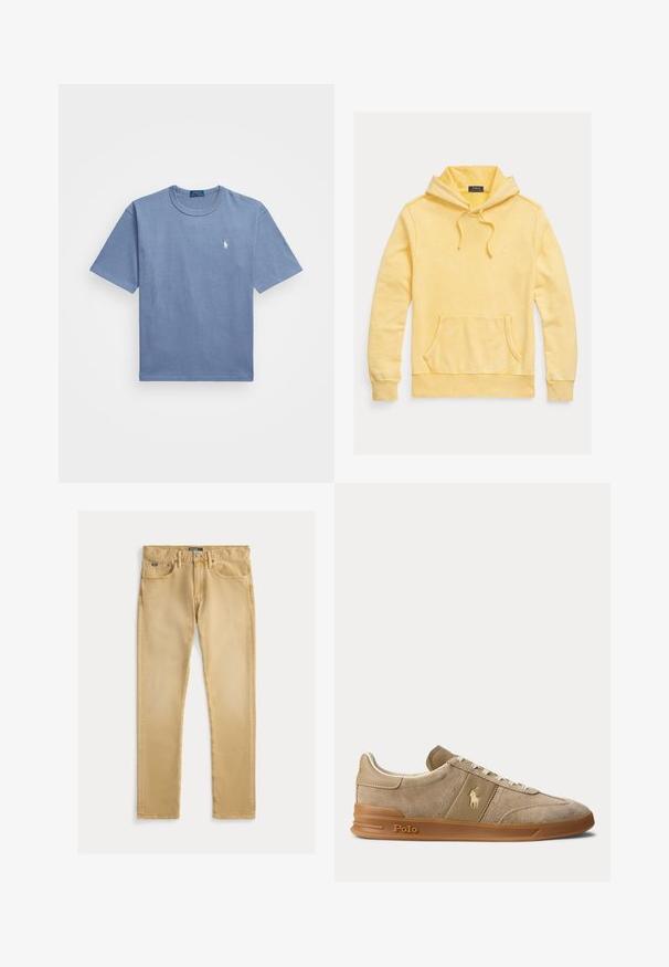 Gul bomulds-hoodie med frontlomme, justerbar snøre i hætten og logo broderi på brystet, med en blød, tekstureret finish.; Blå bomulds T-shirt med korte ærmer, rund hals og et hvidt broderet logo på venstre bryst. Glat tekstur, afslappet design.; Beige bomuldsjeans med slim fit, fem-lommes design og synlig syning. Har en metal knap og label på taljen.; Beige ruskind og læder lav-top sneaker med gummisål, hvide snørebånd og Polo-logo på siden og sålen.