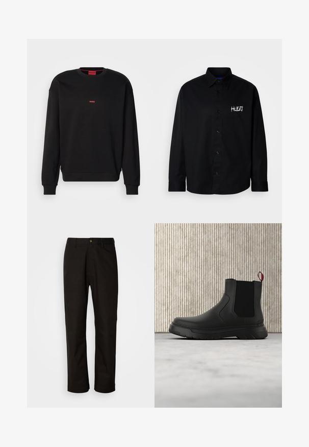 Sort sweatshirt lavet af blødt materiale med rund hals, ribbede manchetter og et lille rødt "HUGO" logo på brystet. Enkel design.; Sort bomuldsskjorte med knapper, der har krave og lange ærmer. Viser hvidt broderet logo på venstre brystområde.; Sorte bomuldsbukser med lige pasform, bæltestropper, lynlås foran og en enkelt knappelukning. Glat tekstur uden synlige mønstre.; Sort ankelstøvle med en glat overflade, elastiske sidepaneler og en kontrasterende rød træksløjfe, der har en tyk gummisål og rund tå.