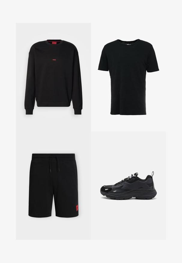 Musta dressipluus pehmest materjalist, ümar kaelus, soonikud varrukaotstes ning väike punane "HUGO" logo rinna peal. Lihtne disain.; rag & bone CLASSIC TEE - Lihtne T-särk - black; Mustad põlvpikad lühikesed püksid elastse vöökohaga ja nööriga, alumisel vasakul jalal väike punane ristkülikukujuline logo.; Mustad mustre Runningu jalanõud, millel on tekstuuriga ülemine osa, siledad sünteetilised aktsendid, paks talla ja peegeldavad detailid. Omab rattakujundust ja tõmbe tahan.