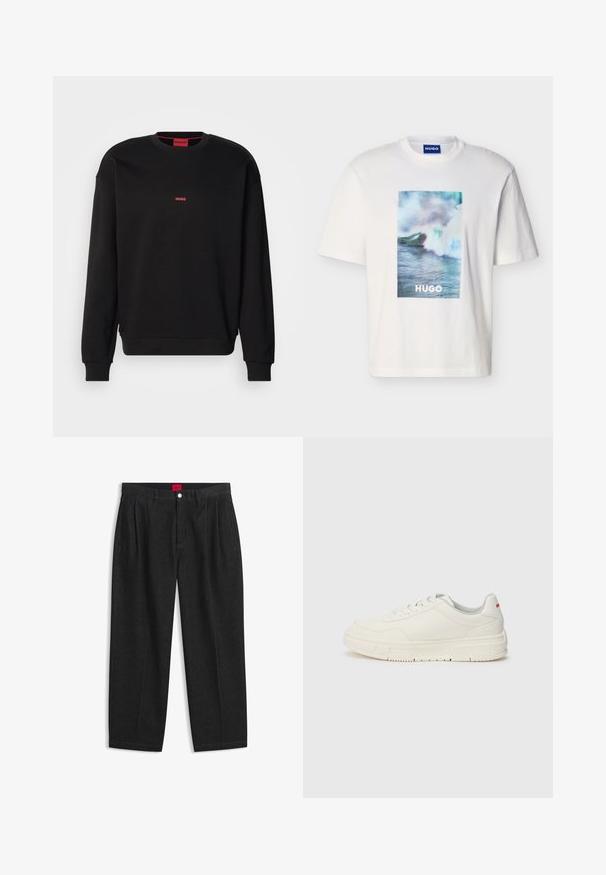 Zwarte sweatshirt van zacht materiaal met een ronde hals, geribbelde mouwen en een klein rood "HUGO" logo op de borst. Eenvoudig ontwerp.; Wit T-shirt met korte mouwen met blauwe, groene en witte oceaangolfgrafiek en de tekst "HUGO" gecentreerd aan de voorkant.; Zwarte hoge taille broek met plooien aan de voorkant, ceintuurlussen, een knoop- en ritsluiting, en een rood label aan de binnenkant van de tailleband.; Witte sneakers met een glad leren bovenwerk, ronde neus, platte veters en een gestructureerde rubberen zool. Een rode accent op de hiel.