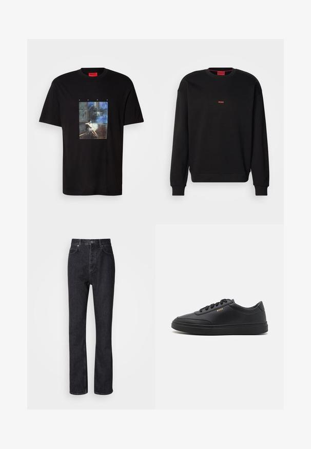 Zwarte sweatshirt van zacht materiaal met een ronde hals, geribbelde mouwen en een klein rood "HUGO" logo op de borst. Eenvoudig ontwerp.; Zwarte Hugo-t-shirt met een graphic van een vrouw die op de vloer zit in een donkere kamer met een blauwachtige achtergrond, en de tekst "HUGO" erboven.; Hoge taille zwarte denim jeans met een knoop- en ritssluiting, voor- en achterzakken en een rechte pasvorm.; Zwarte leren sneakers met een gladde textuur, ronde neus, platte rubberen zool en tonale veters. Kenmerkt zich door de gouden "BOSS" branding aan de zijkant.