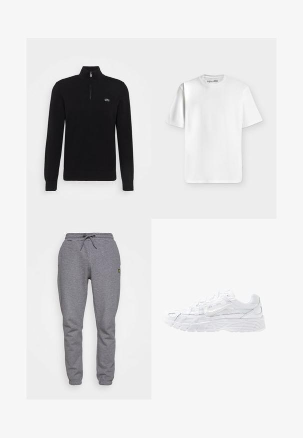 Sudadera de punto negra con cuello alto y cierre de media cremallera. Presenta un logo verde de Lacoste en el pecho. Mangas largas y puños acanalados.; Camiseta blanca lisa de manga corta y cuello redondo, colocada extendida sobre un fondo gris claro con una pequeña etiqueta de marca dentro del cuello.; Pantalones de chándal grises de algodón con cintura elástica, cordones, bolsillos laterales y un pequeño logo amarillo en el muslo. Diseño de pierna estrecha.; Nike Sportswear P-6000 - Zapatillas - white/platinum tint